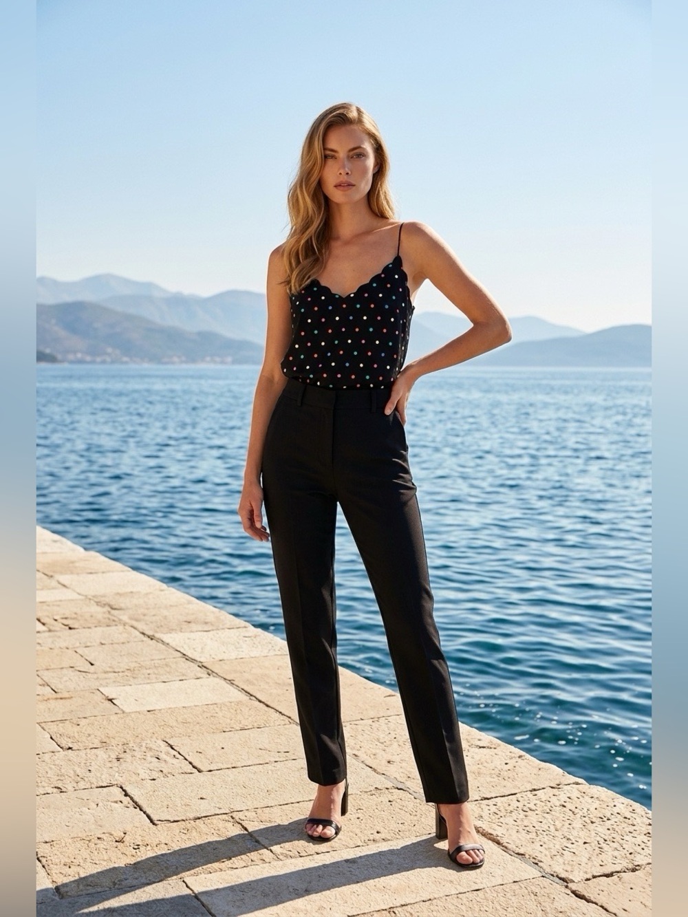 Oasis Black Multi color Polka Dot Scallop Edge Cami Tank Top